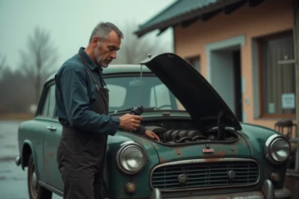 Mécanicien homme examinant une vieille voiture essence en France