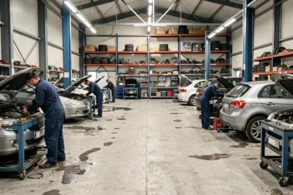Vue d'ensemble d'un garage automobile professionnel dans le Cher avec plusieurs véhicules en réparation et des mécaniciens au travail