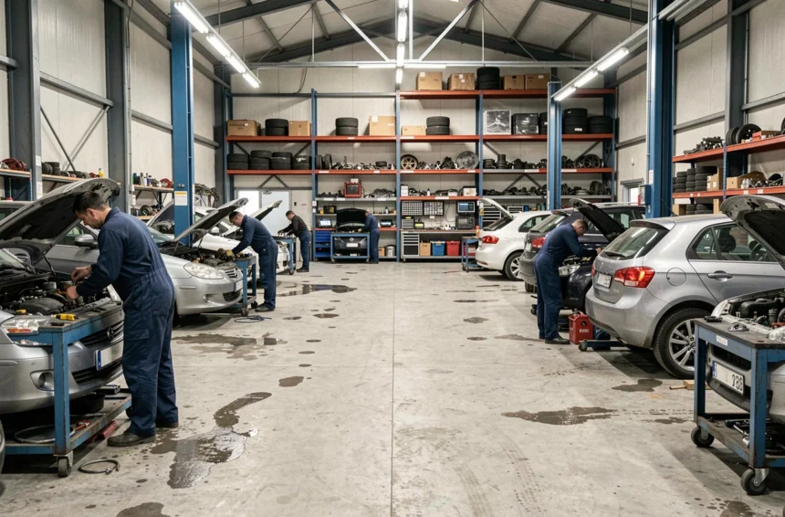 Vue d'ensemble d'un garage automobile professionnel dans le Cher avec plusieurs véhicules en réparation et des mécaniciens au travail