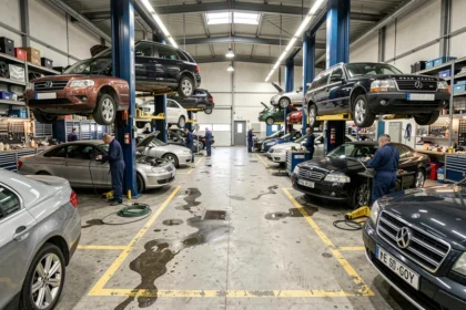 Vue d'ensemble d'un garage automobile professionnel en Meurthe-et-Moselle avec plusieurs véhicules sur pont élévateur