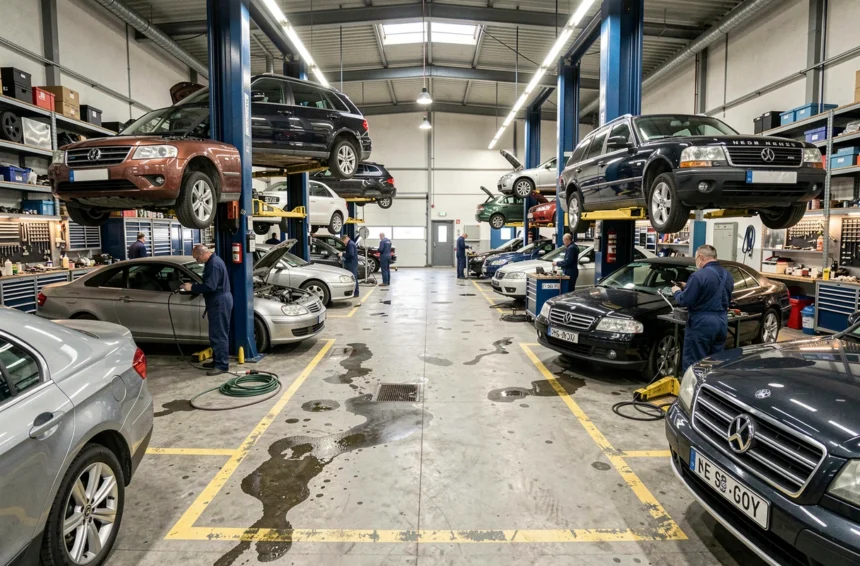 Vue d'ensemble d'un garage automobile professionnel en Meurthe-et-Moselle avec plusieurs véhicules sur pont élévateur