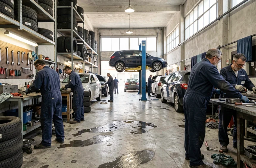 Vue panoramique d'un atelier de mécanique automobile en Meurthe-et-Moselle avec plusieurs mécaniciens au travail