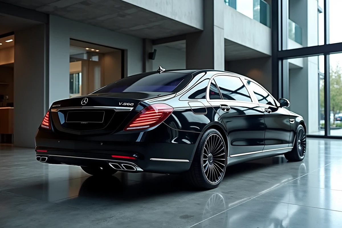 Mercedes-Maybach S650 V12 noire dans un showroom moderne en verre et acier, vue 3/4 arrière