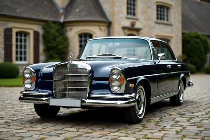 Mercedes-Benz 600 Grosser de collection bleue nuit garée devant un manoir en pierre, vue 3/4 avant sur pavés
