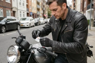Motard collant un autocollant d'assurance moto sur sa moto garée en ville