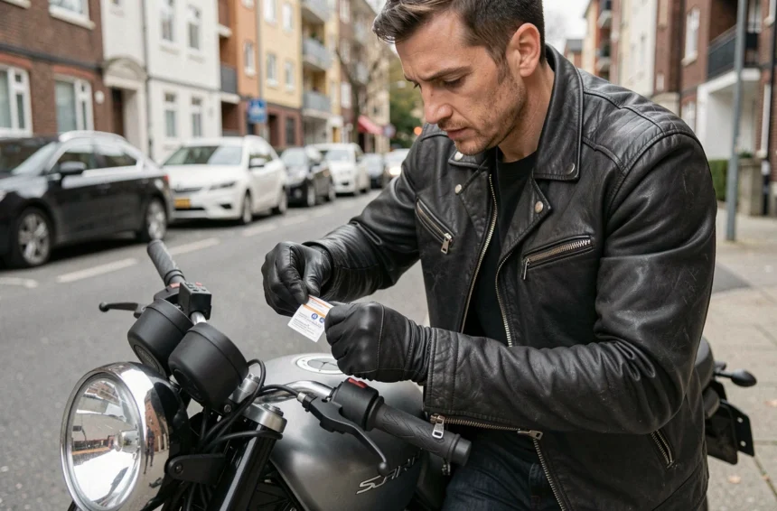 Motard collant un autocollant d'assurance moto sur sa moto garée en ville