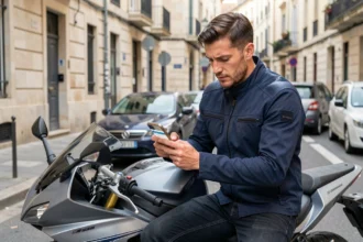 Motard consultant une application de comparaison d'assurance moto sur smartphone à Valence