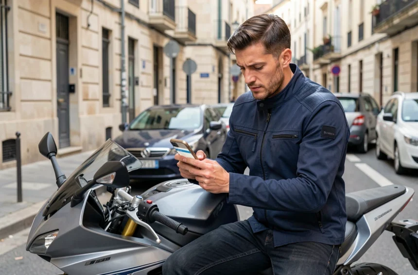 Motard consultant une application de comparaison d'assurance moto sur smartphone à Valence