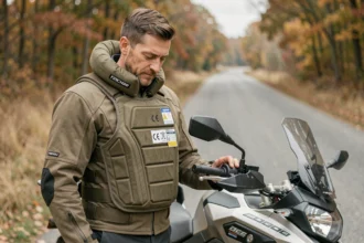 Motard portant un gilet airbag homologué à côté de sa moto sur une route de campagne en automne