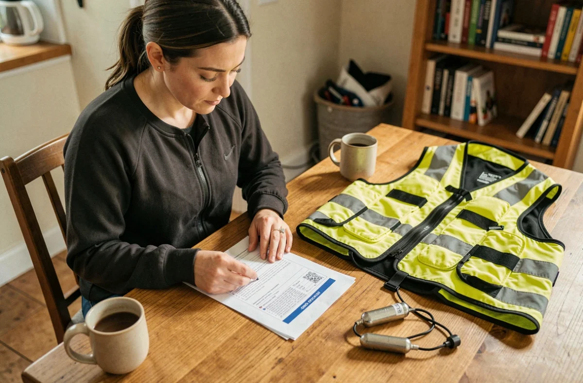 Motarde comparant son contrat d'assurance moto avec un gilet airbag posé sur la table