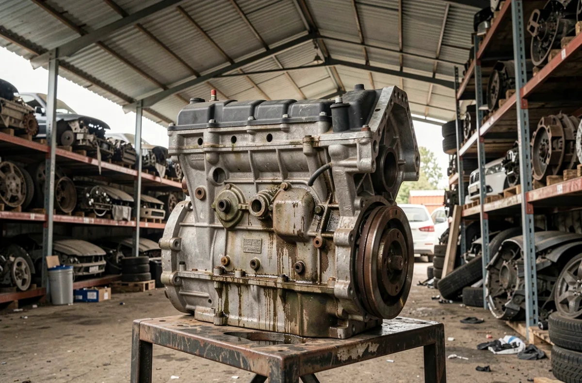 Moteur diesel 2 HDi 90 d'occasion posé sur un support dans une casse automobile