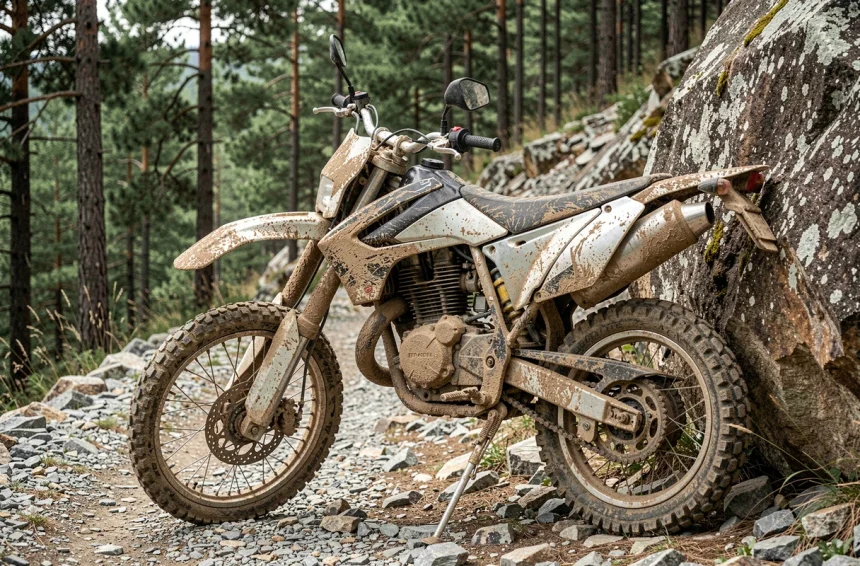 Moteur d'enduro encrassé de boue sur un sentier rocheux en forêt, illustrant les risques de surchauffe et de casse moteur en terrain difficile