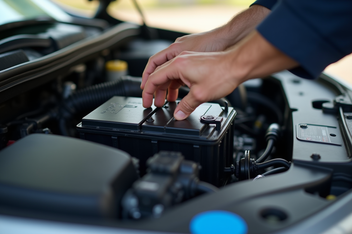 Mécanicien installant une nouvelle batterie dans le compartiment moteur