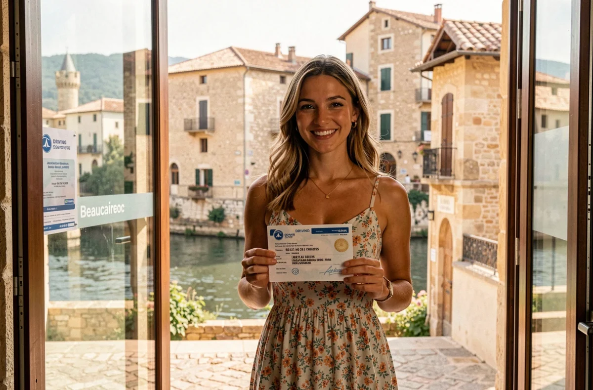 Jeune femme souriante sortant de l'auto-école Nadia Conduite à Beaucaire avec son permis de conduire en main