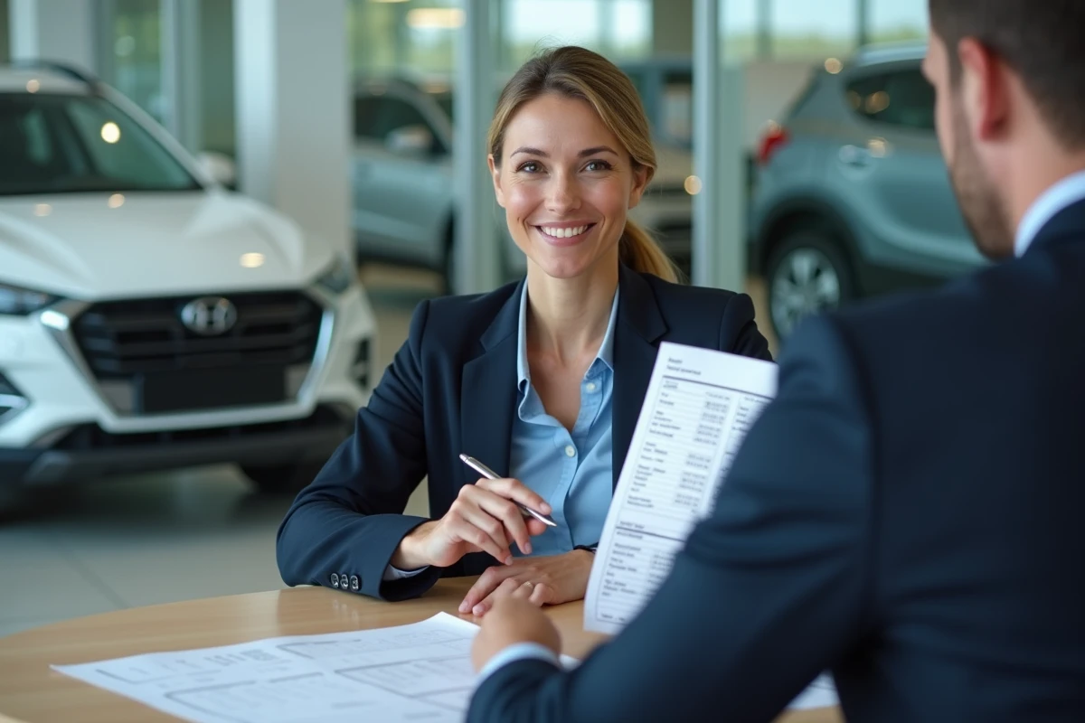 Femme négociant le prix d'un véhicule neuf avec un vendeur en concession automobile