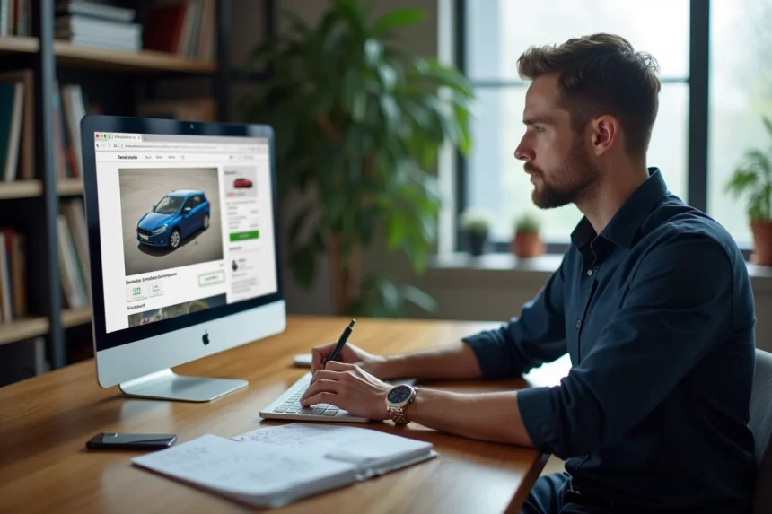 Homme négociant le prix d'une voiture d'occasion en ligne depuis son bureau à domicile