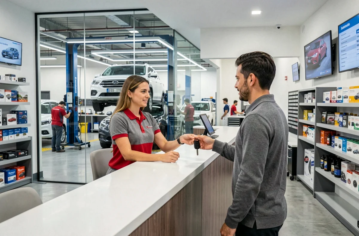 Conseillère accueillant un client au comptoir du centre auto Norauto Nancy avec les ateliers en arrière-plan