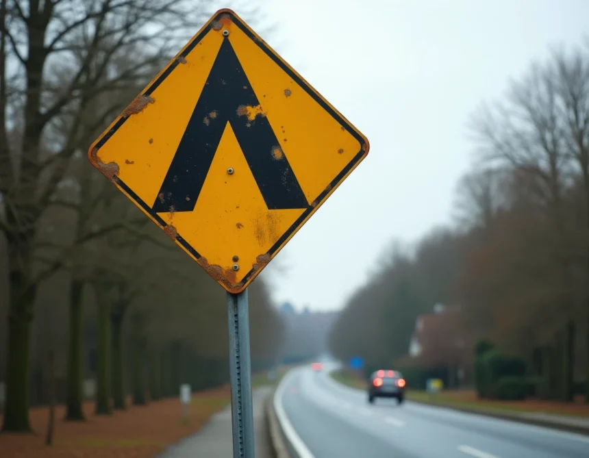 Panneau losange jaune et blanc de priorité de passage sur une route française suburbaine