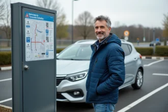 Homme en jean près d'une voiture dans parking Vinci