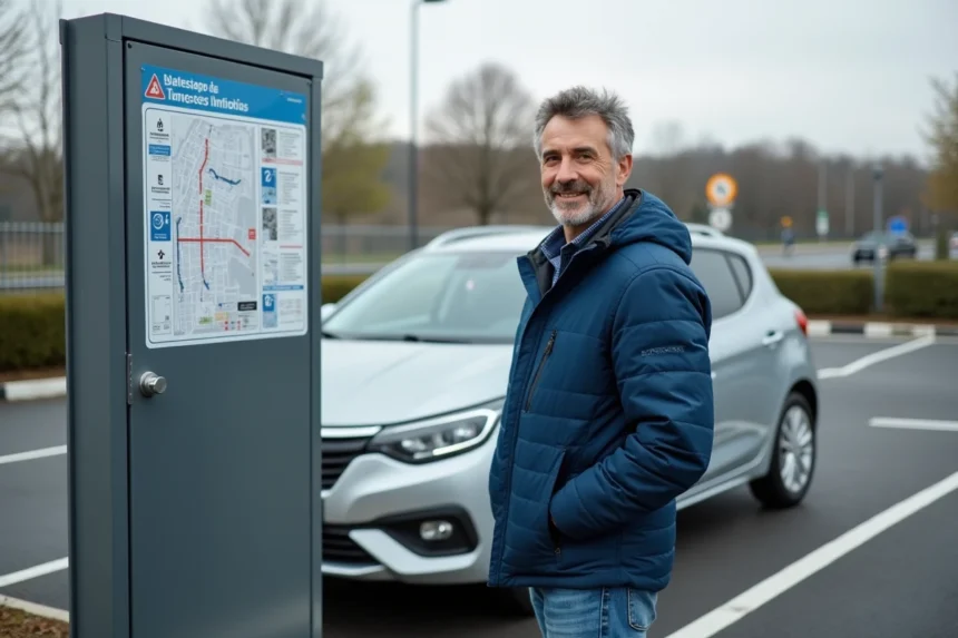 Homme en jean près d'une voiture dans parking Vinci
