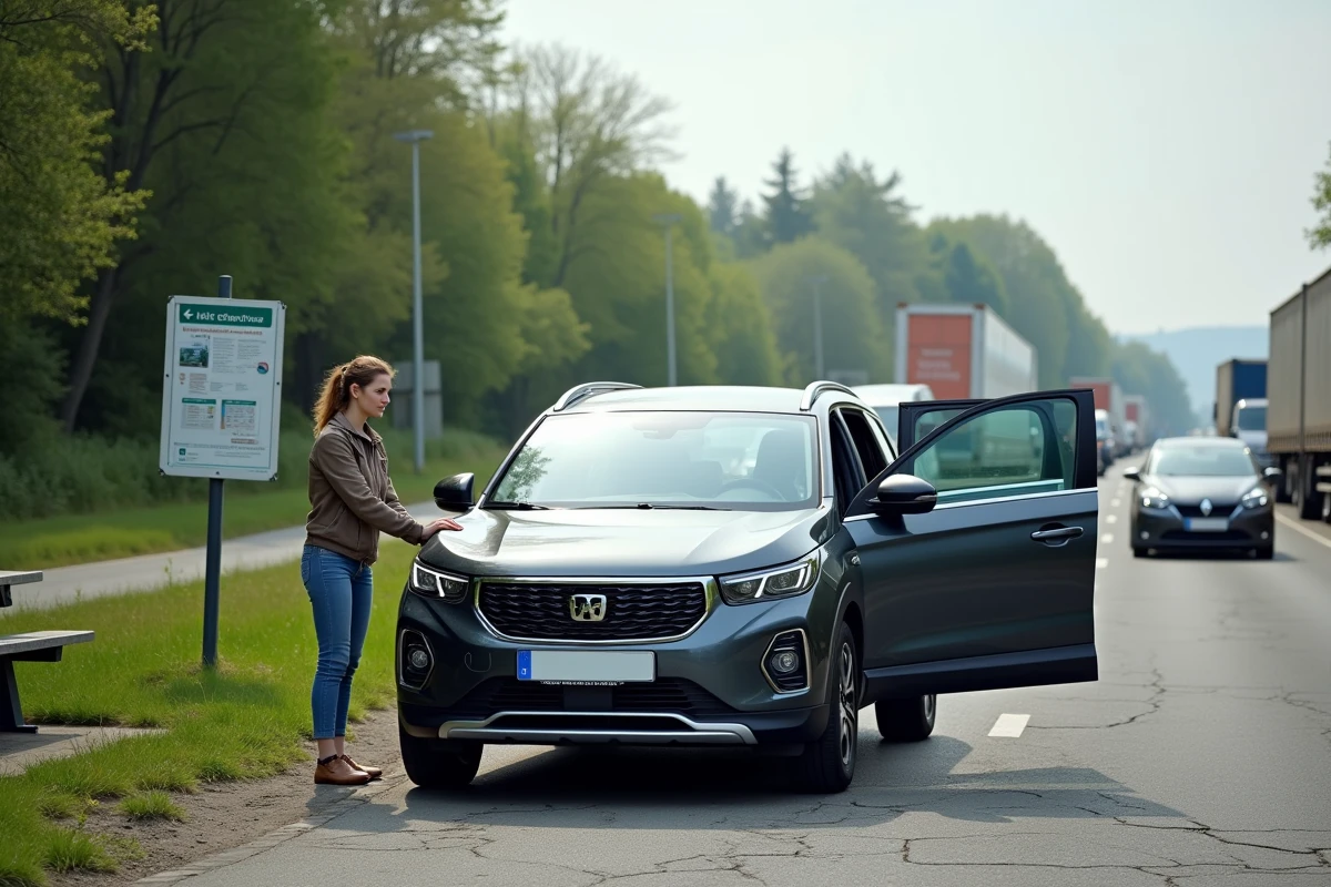 Femme faisant une pause dans une aire d'autoroute à côté de sa compacte lors d'un long trajet, puissance 81 kW