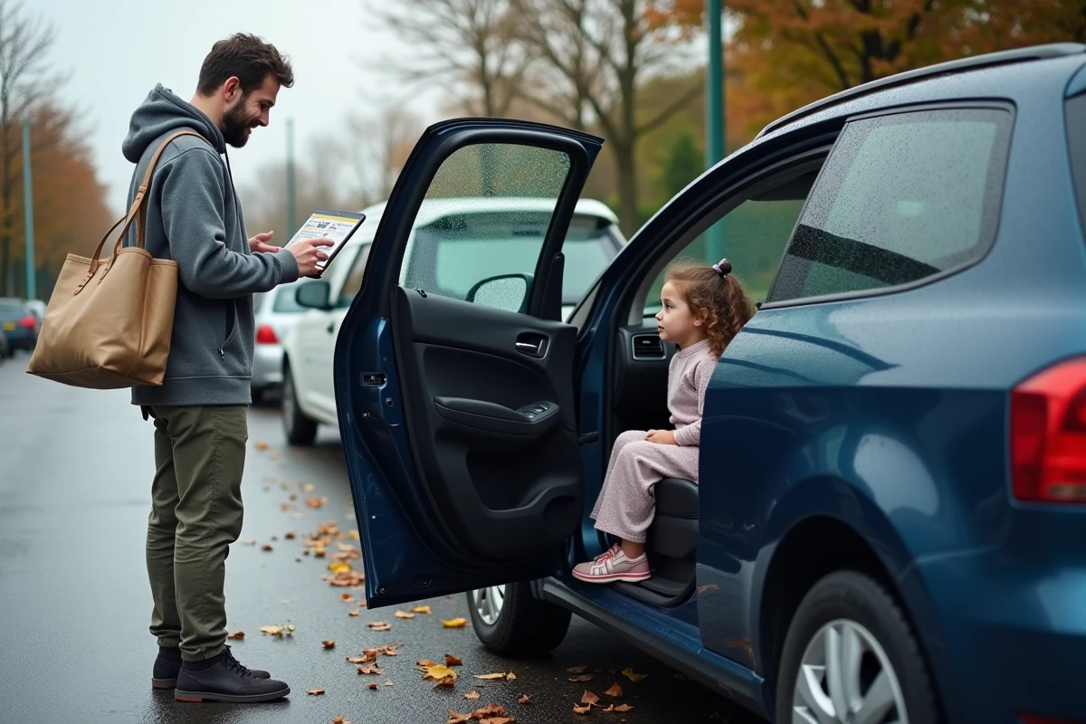 Père comparant des voitures familiales sur tablette dans un parking de supermarché en automne