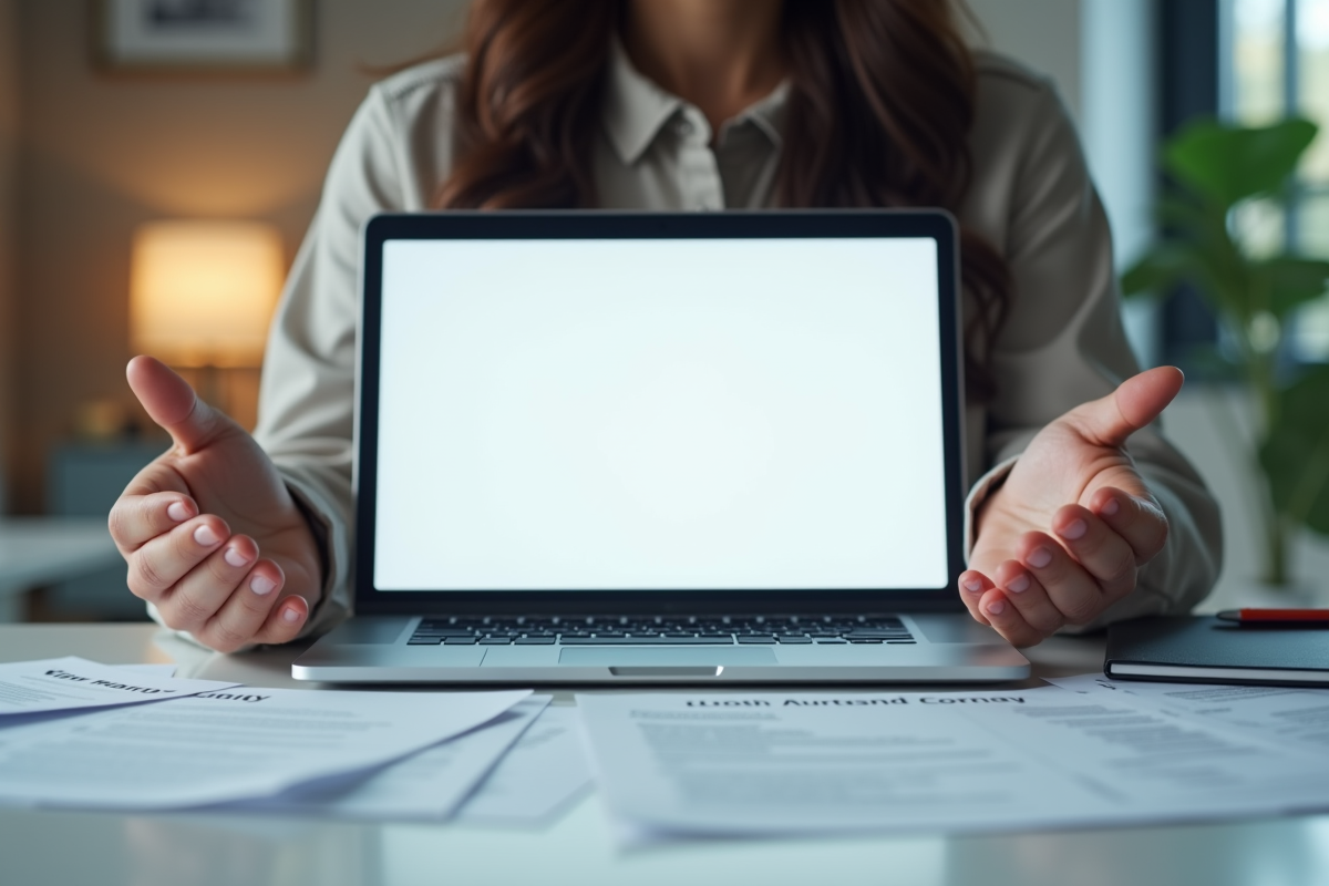 Personne confiante tenant un appareil électronique avec écran vide et documents de garantie