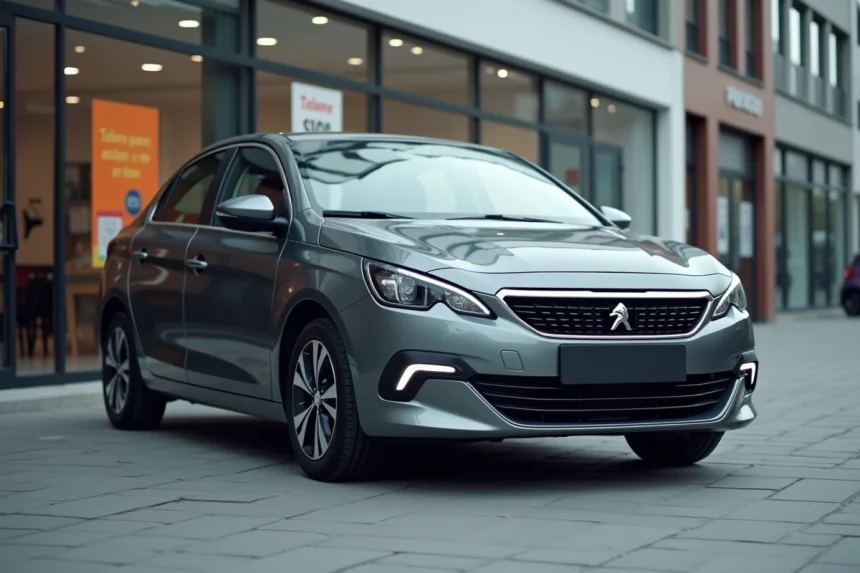 Peugeot 2026 garée devant une concession automobile moderne, vue trois quarts avant sur asphalte propre