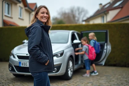 Famille utilisant une Peugeot 308 argentée dans une allée résidentielle française, mère aidant ses enfants à monter dans le véhicule