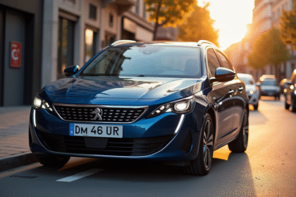 Peugeot 408 hybride stationnée en ville lors de l'heure dorée