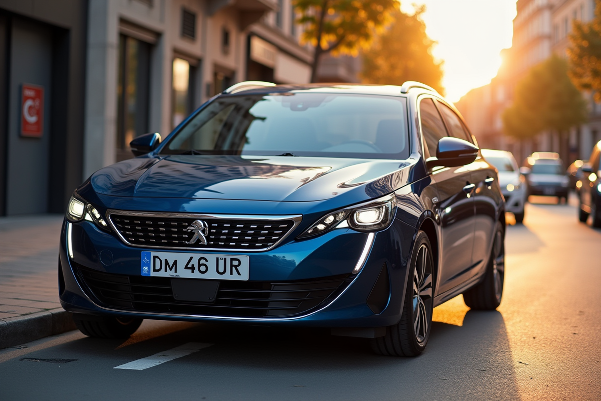 Peugeot 408 hybride stationnée en ville lors de l'heure dorée