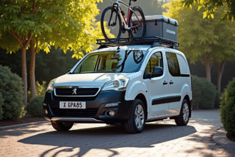 Peugeot Partner 5 places stationne sur une allée ensoleillée avec accessoires