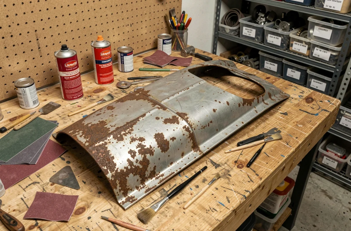 Pièces rouillées et outils de restauration d'une voiture sans permis vintage posés sur un établi d'atelier