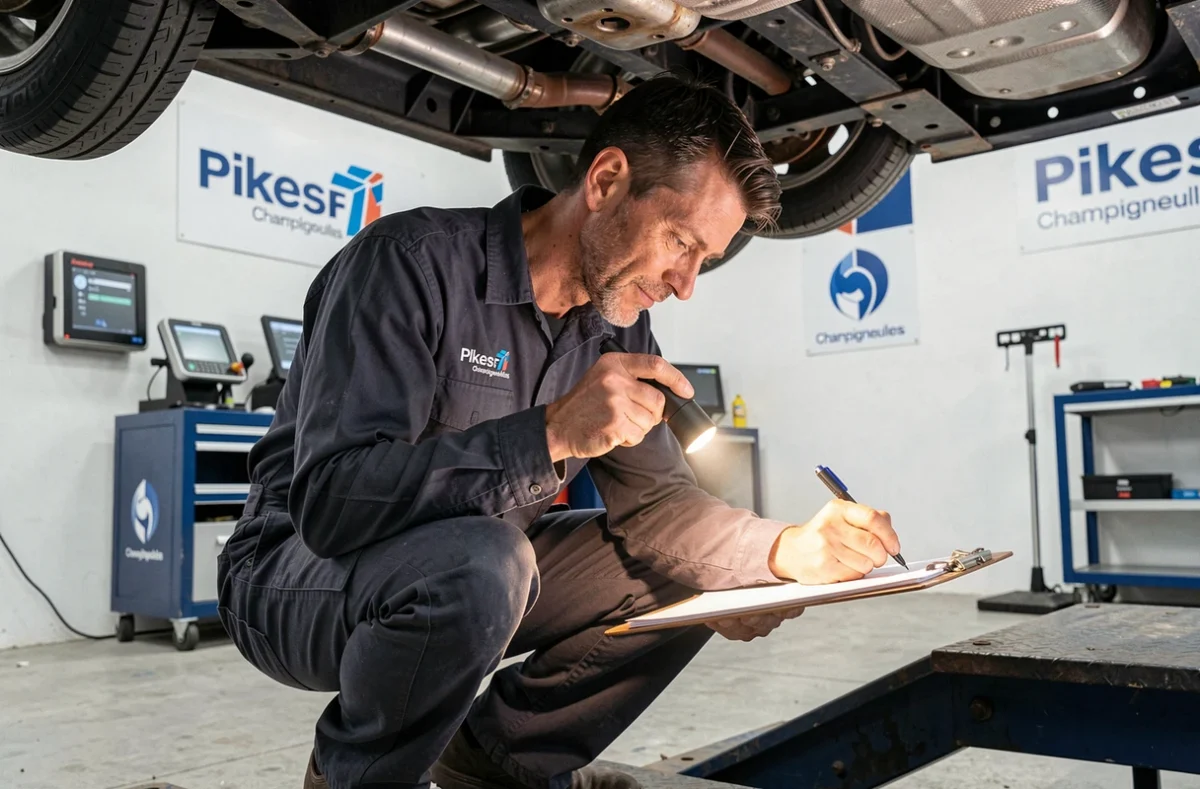 Mécanicien inspectant le dessous d'un véhicule soulevé au garage Pikes Peak à Champigneulles