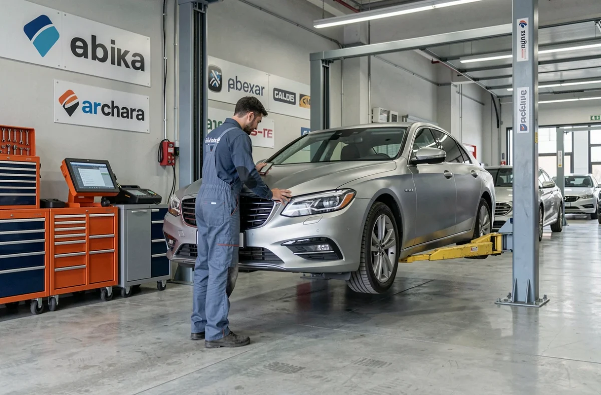 Mécanicien inspectant un véhicule sur pont élévateur dans le garage multimarque Pikes Peak à Champigneulles