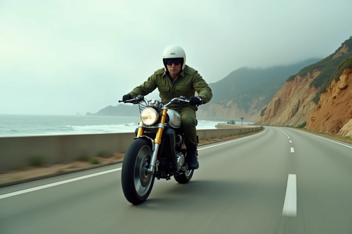 Pilote en combinaison militaire sur une moto sport le long d'une route côtière californienne, référence visuelle aux scènes de moto de Top Gun