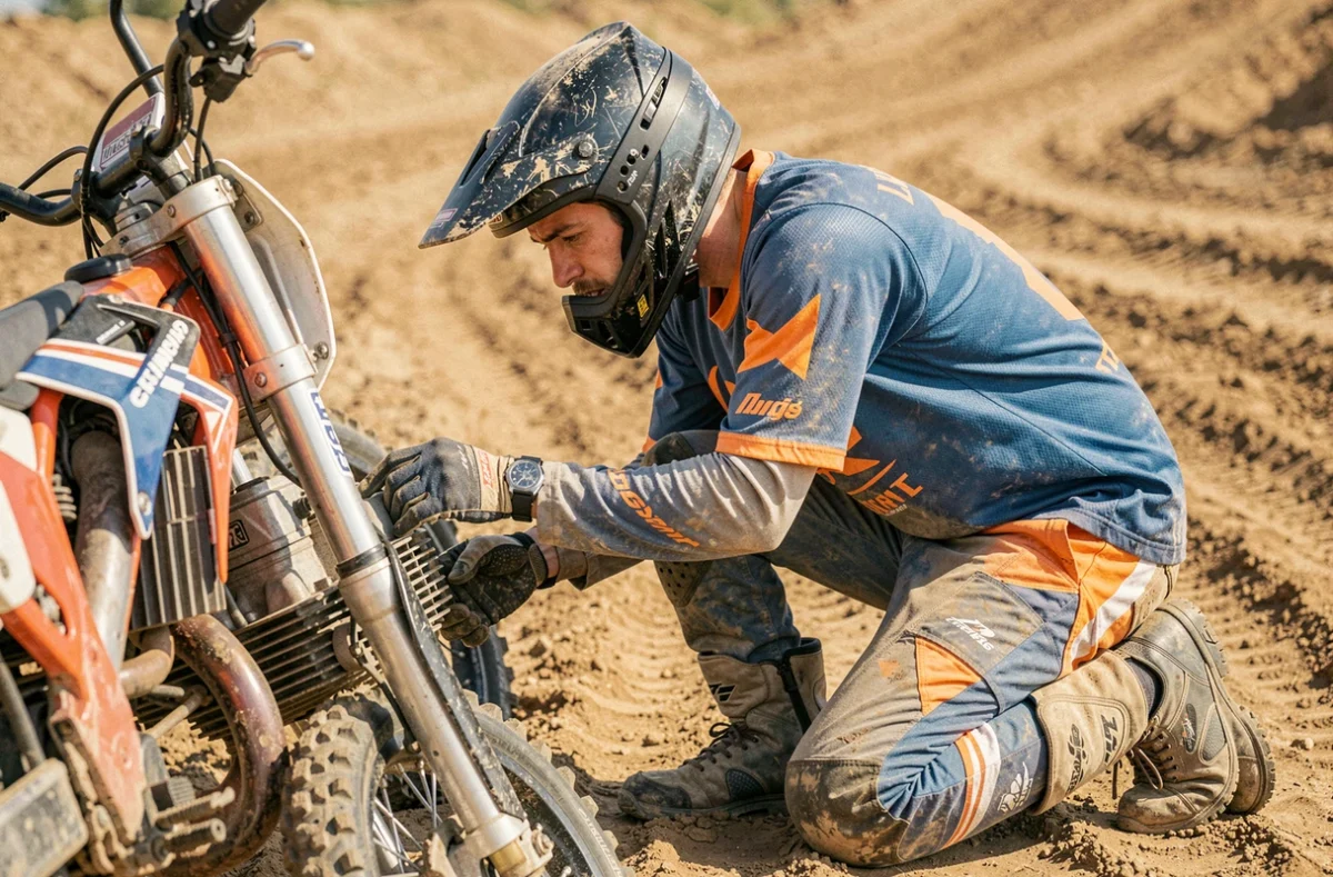 Pilote de motocross inspectant le moteur de sa moto arrêtée sur une piste sablonneuse après une casse, équipé de protections complètes
