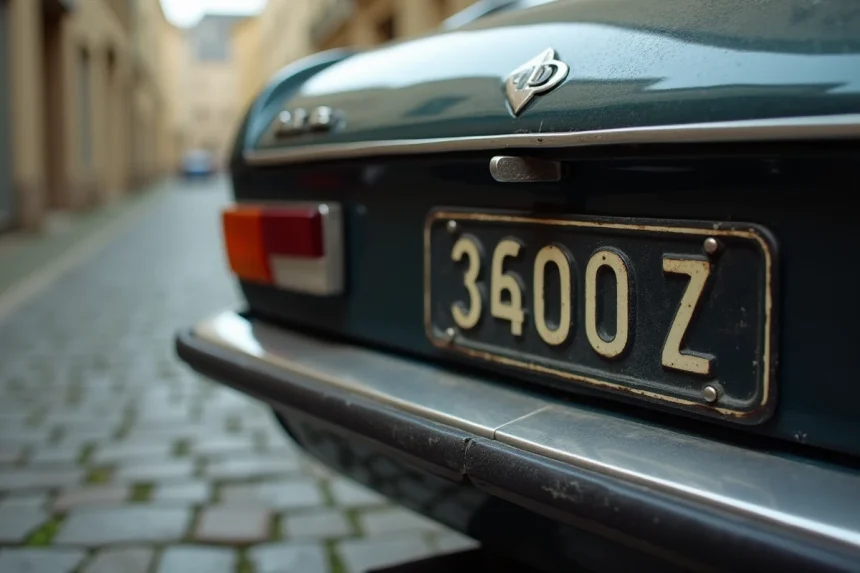 Plaque d'immatriculation noire vintage sur une voiture de collection garée dans une rue pavée française