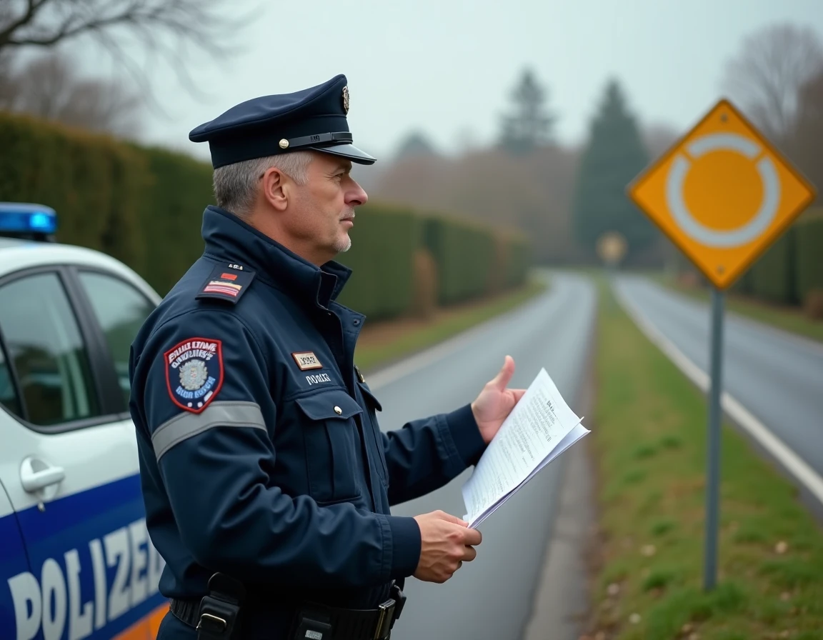 Agent de police français contrôlant le respect du panneau losange jaune et blanc à une intersection