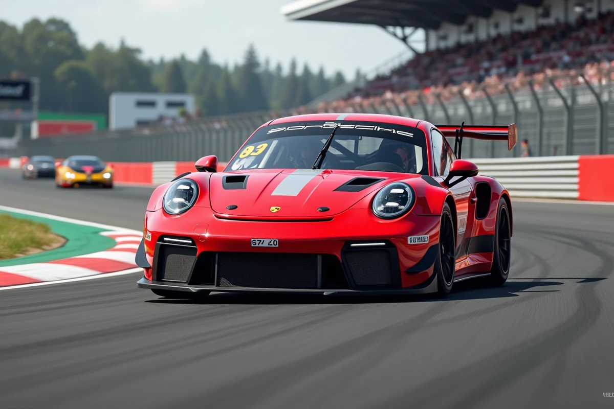 Porsche 911 GT3 Cup rouge en pleine action dans un virage sur circuit automobile