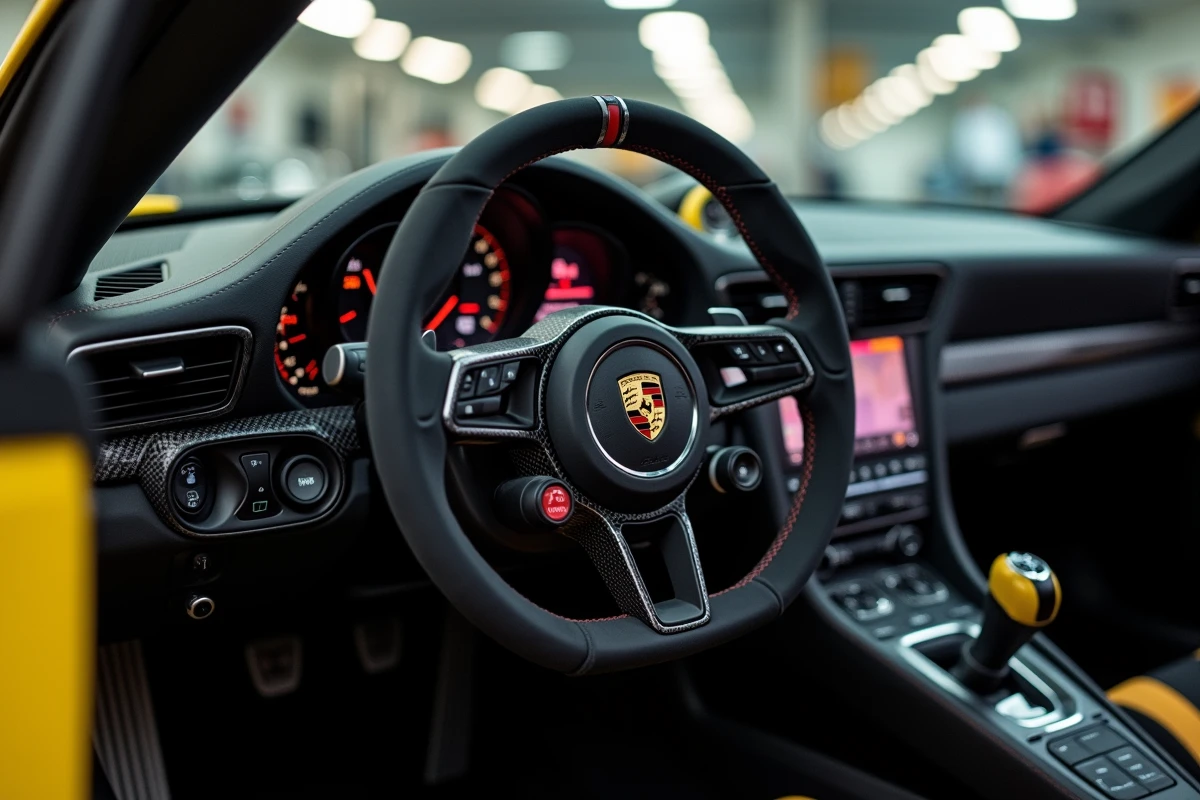 Intérieur cockpit Porsche GT3 Cup avec volant carbone, tableau de bord et harnais six points