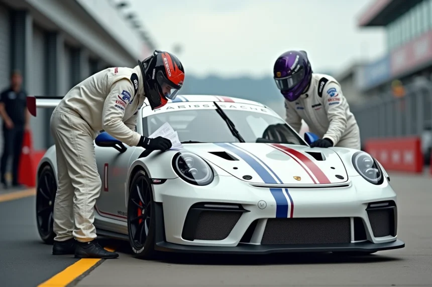 Pilote amateur en combinaison Nomex examinant la fiche technique d'une Porsche GT3 Cup dans le paddock