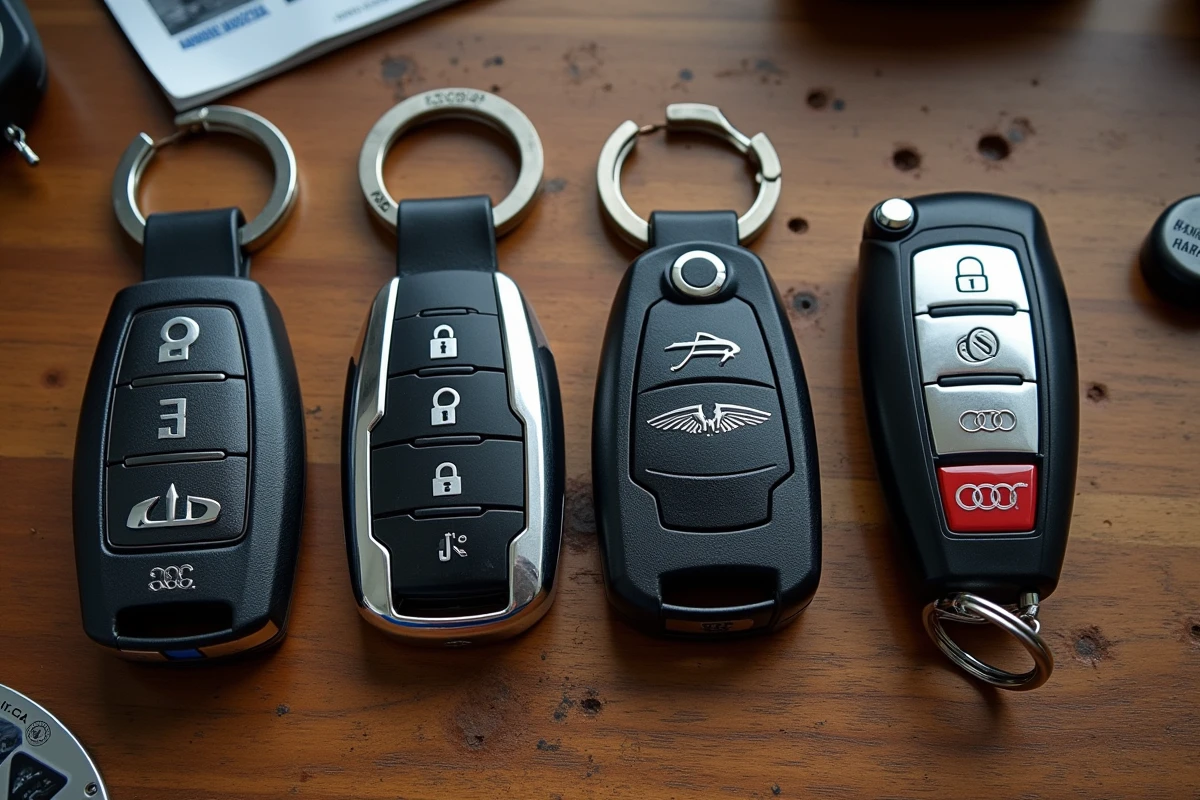 Porte-clés de voitures avec logos de marques japonaises et allemandes posés sur un établi en bois dans un garage