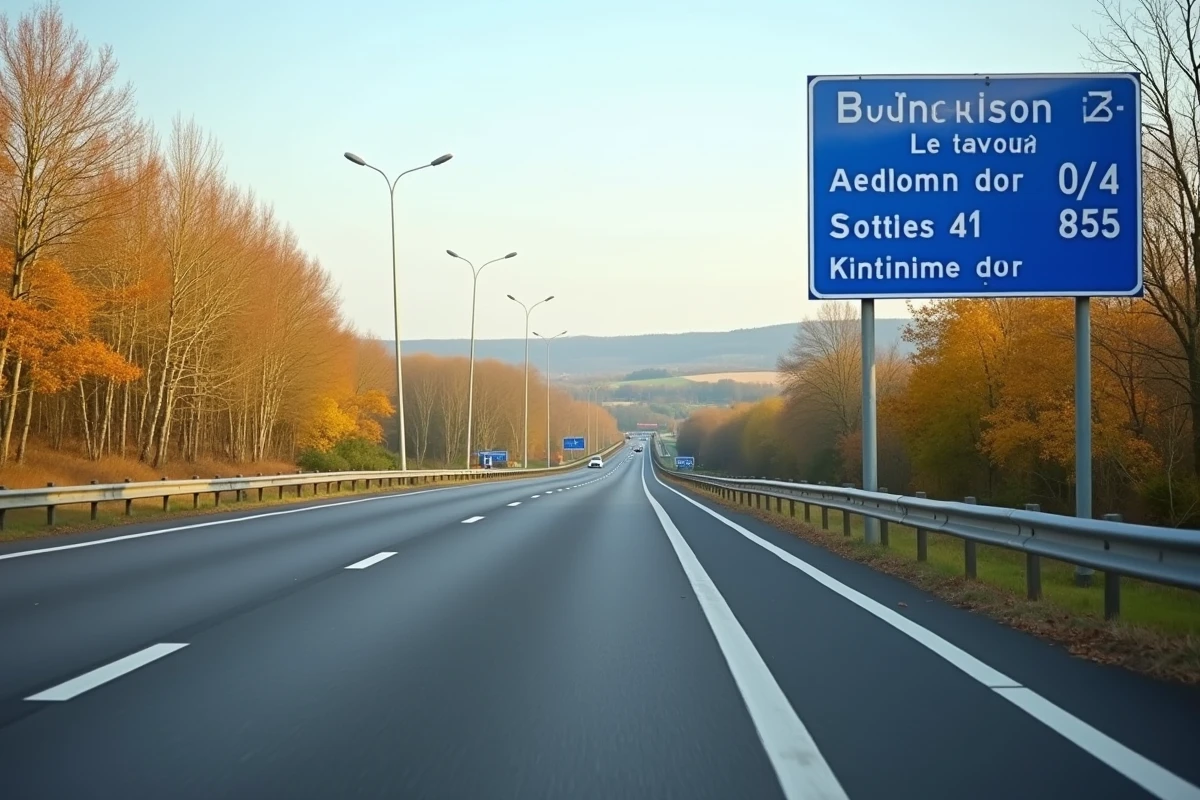 Portion d'autoroute française sans péage en automne avec signalisation routière bleue et paysage rural