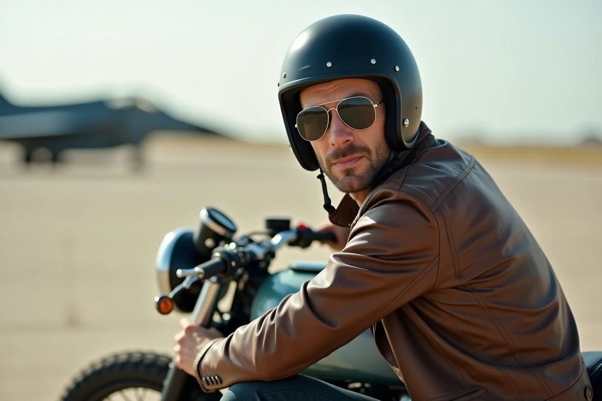 Portrait rapproché d'un motard en casque vintage et lunettes aviateur sur un aérodrome militaire, ambiance inspirée des scènes cultes de Top Gun