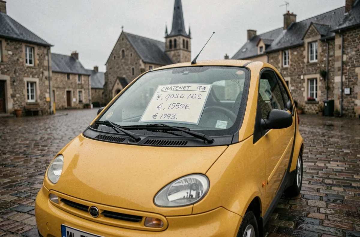 Étiquette de prix sur le pare-brise d'une voiture sans permis d'occasion exposée sur une place normande