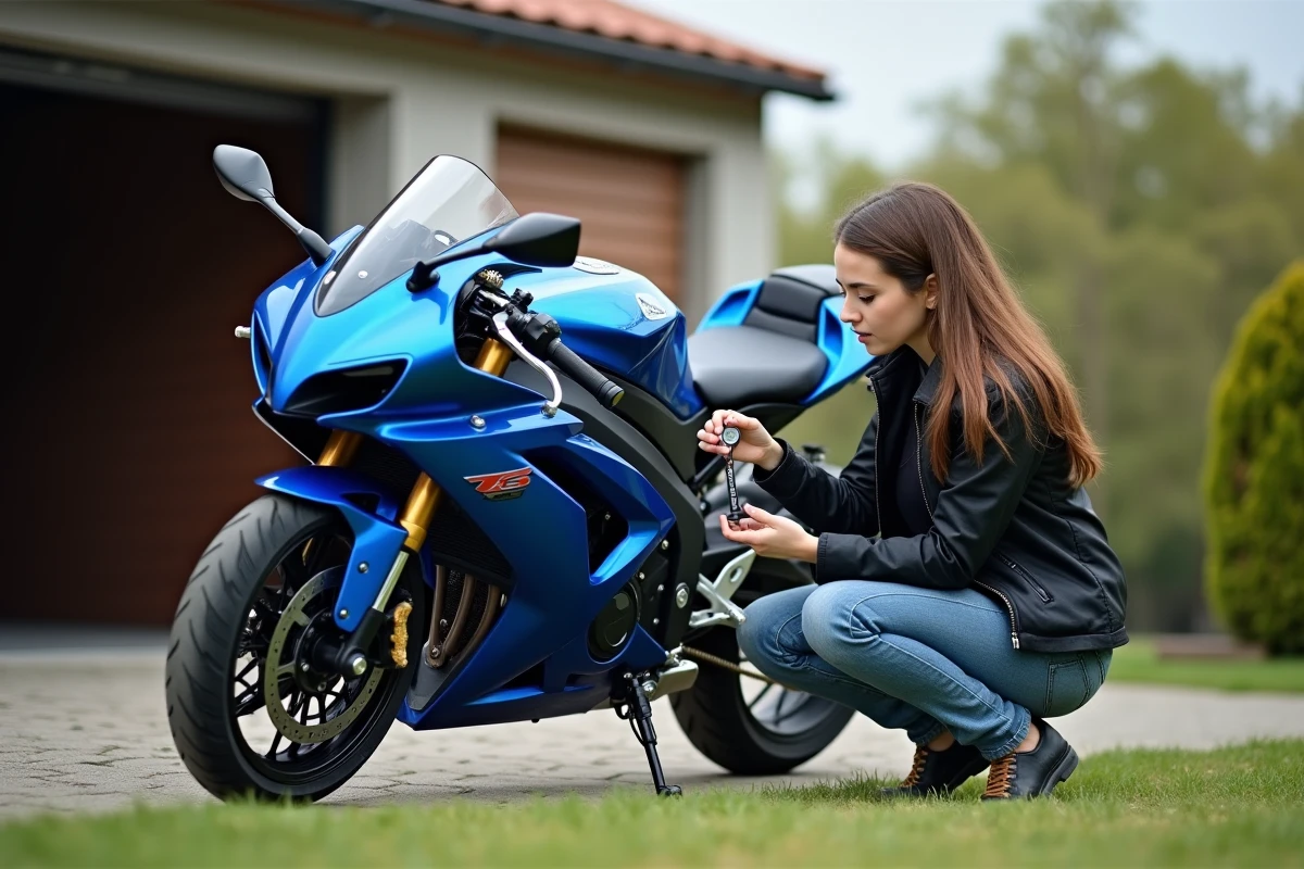 Jeune femme vérifiant la pression de son pneu de moto dehors