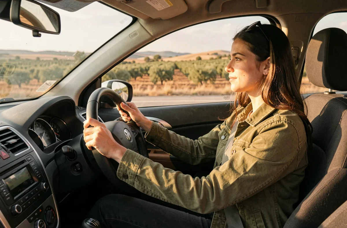 Jeune femme au volant d'un véhicule de l'auto-école Rapid'permis-B sur une route ouverte dans le Gard entourée d'oliveraies