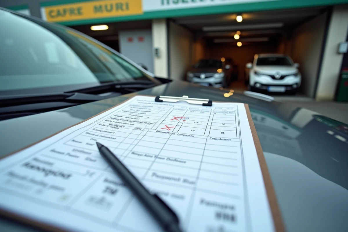 Rapport de contrôle technique officiel avec tarifs et résultats sur clipboard posé sur le capot d'une voiture
