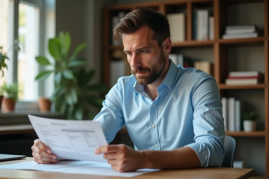 Homme consultant un document officiel de permis de conduire à son bureau pour récupérer ses points de permis après une infraction
